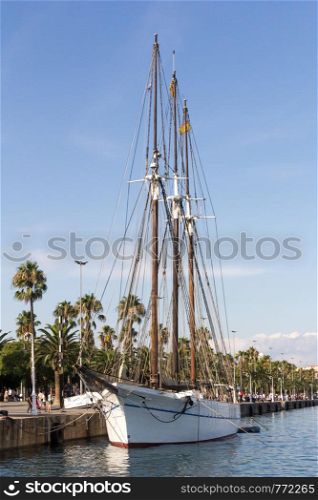 Tall ship moored in the harbour, Barcelona, Spain