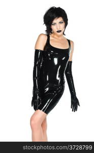 Tall slender woman dressed in black latex