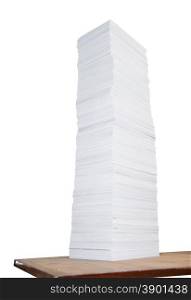 Tall stack of paper on white background