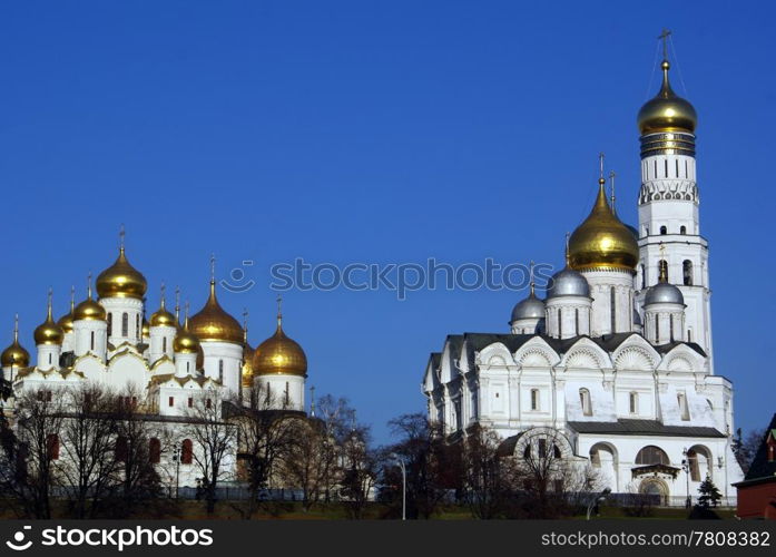 Tall white cathedrals in Moscow Kremlin, Russia