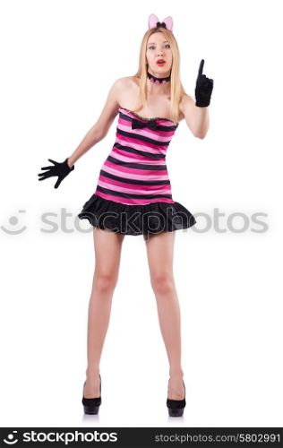 Tall woman in pink striped costume