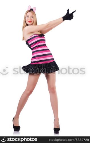 Tall woman in pink striped costume
