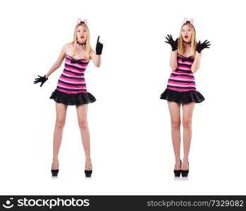 Tall woman in pink striped costume