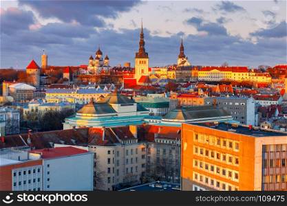Tallinn. The Alexander Nevsky Cathedral on Toompea Hill.. Aerial view of the old town and Toompea hill at dawn. Tallinn. Estonia.