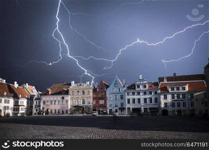 Tallinn - the capital of Estonia, the old city. Powerful lightning strike.. Tallinn - the capital of Estonia