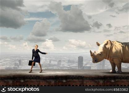 Taming an animal. Young pretty businesswoman holding rhino on lead