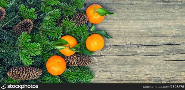 Tangerine fruits and christmas tree branches over rustic wooden background. Vintage style toned picture