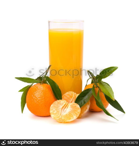 Tangerines and juice glass isolated on white background