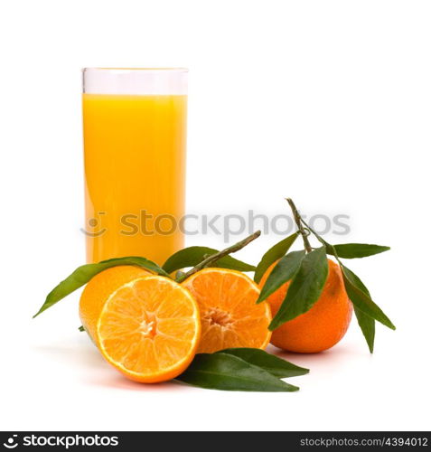 Tangerines and juice glass isolated on white background