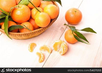 tangerines in basket on the kitchen&rsquo;s wooden table