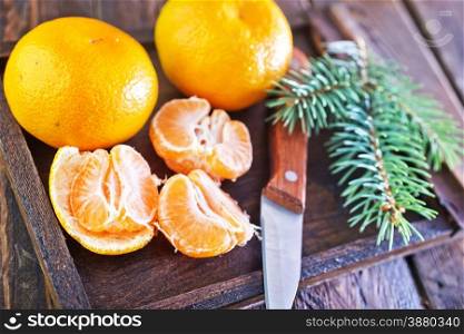 tangerines in wooden box and on a table
