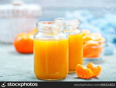 tangerines juice in glass bank and on a table