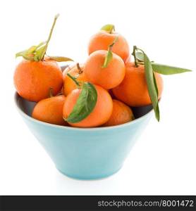 Tangerines on ceramic blue bowl isolated on white background