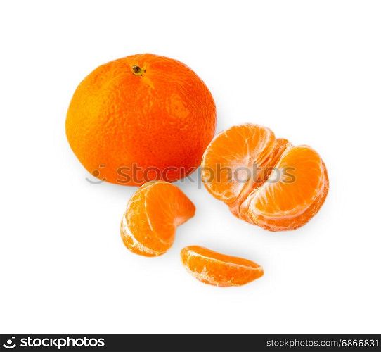 tangerines, peeled tangerine and tangerine slices on a white background