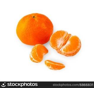 tangerines, peeled tangerine and tangerine slices on a white background