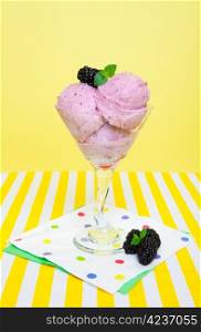 Tangy saskatoon berry sorbet garnished with a blackberry and a sprig of mint.