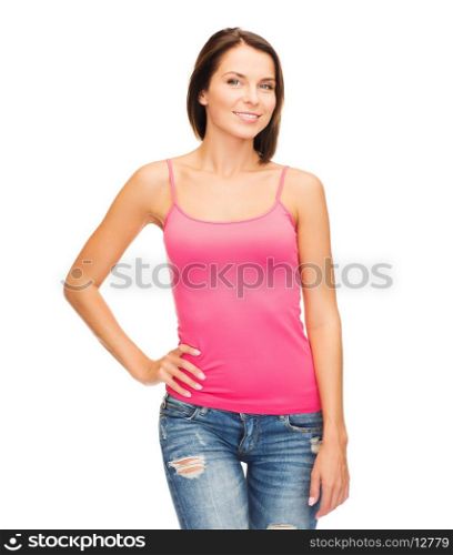 tank top design concept - smiling woman in blank pink tank top