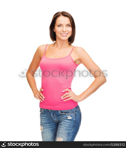 tank top design concept - smiling woman in blank pink tank top