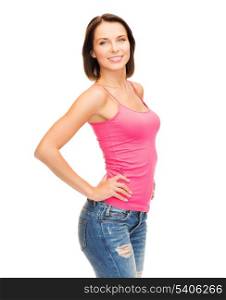 tank top design concept - smiling woman in blank pink tank top