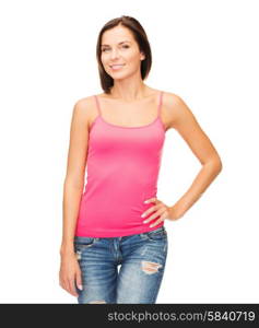 tank top design concept - smiling woman in blank pink tank top. woman in blank pink tank top