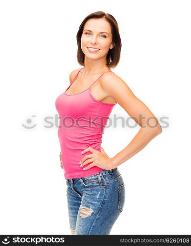 tank top design concept - smiling woman in blank pink tank top. woman in blank pink tank top