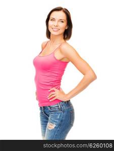 tank top design concept - smiling woman in blank pink tank top. woman in blank pink tank top