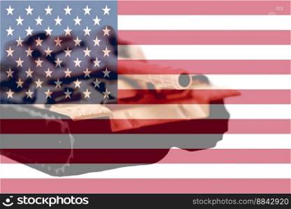 Tank with USA flag background. Military concept 3D illustration.. Tank with USA flag background. Military concept 3D illustration