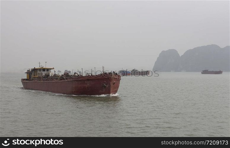 Tanker in the sea of halong bay in vietnam