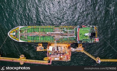 Tanker ship logistic and transportation business oil and gas industry in open sea, Aerial view.