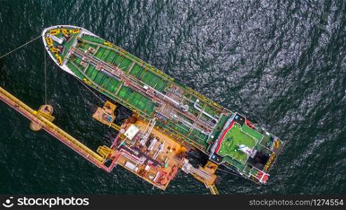 Tanker ship logistic and transportation business oil and gas industry in open sea, Aerial view.