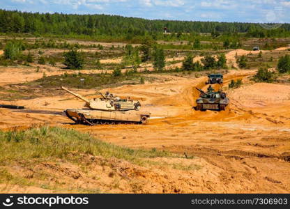 Tanks Abrams in Latvia. International Military Training "Saber Strike 2017", Adazi, Latvia, from 3 to 15 June 2017. US Army Europe-led annual International military exercise Saber Strike Field Training Exercise in Latvia.