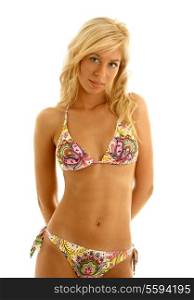 tanned blond in colorful bikini