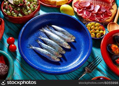 Tapas from spain sardines and mix of most popular recipes of Mediterranean