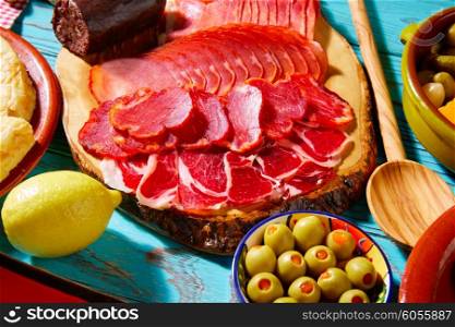 Tapas Iberico ham and lomo sausage olives and morcilla