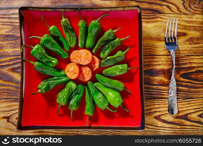 Tapas pimientos del Padron green peppers with sausage