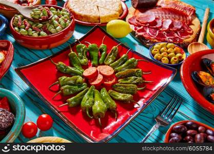 Tapas pimientos del Padron green peppers with sausage and mixed tapa