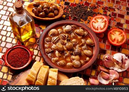 Tapas snail recipe from Spain in clay plate