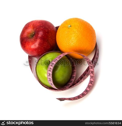 tape measure wrapped around fruits isolated on white background