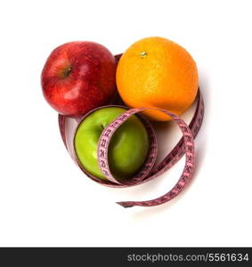 tape measure wrapped around fruits isolated on white background