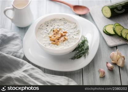 Tarator, bulgarian sour milk soup, and ingredients