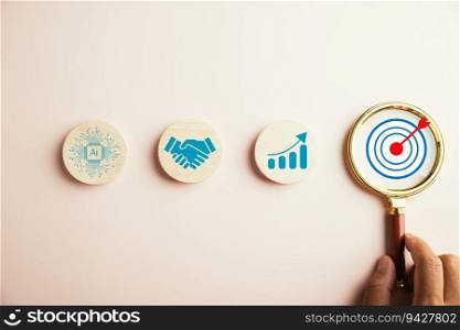Target icon under magnifying glass, portraying essence of start-ups, creative ideas, and innovation. It symbolizes motivation, planning, development, and leadership for successful customer targeting.