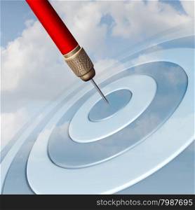 Target Marketing business concept as a red dart hitting the center of a dartboard image in the sky as a success metaphor for winning and aspire to a focused strategy to aim for success.