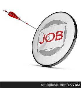 target with the word job and one arrow hitting the center of the o letter, red tones and white background, concept image. Successful Job Search
