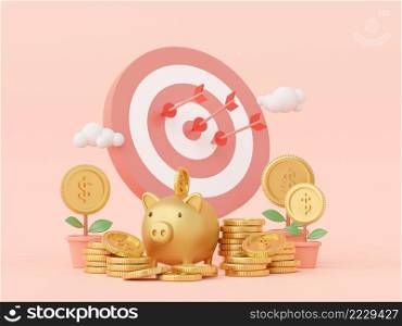 Targeting with saving money concept, Piggy bank with dollar coin, 3d rendering