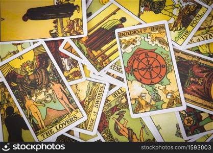 Tarot cards background fortune card prophecy, gypsy card for fortune teller reading future   Bangkok Thailand October 30 , 2020
