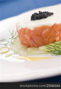 Tartare of Wild Salmon Creme Fraiche Cucumber Caviar and Lemon Oil