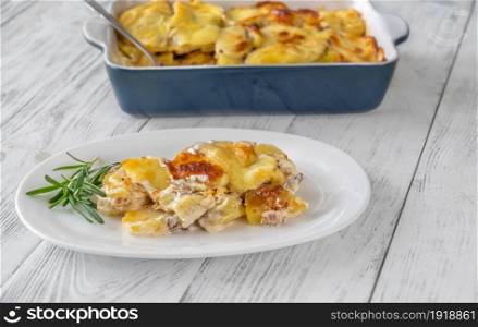 Tartiflette - a French dish made with potatoes, reblochon cheese, lardons and onions.