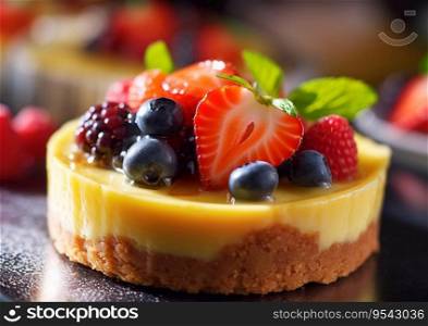 Tartlet cake slice with various fresh berries and cream.AI Generative
