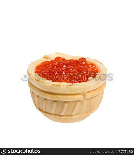 Tartlet with red caviar, isolated on white background, high depth of field, studio shot