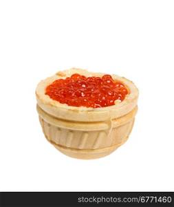 Tartlet with red caviar, isolated on white background, high depth of field, studio shot